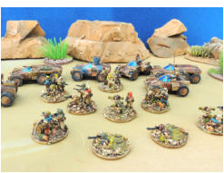 Infantry with Buzzbomb launchers, Hypersonic Missile boxes, regular intantry and sniper teams in front of various vehicles aremed with Infantry with Buzzbomb launchers, Hypersonic Missile boxes, regular intantry and sniper teams in front of vehicles