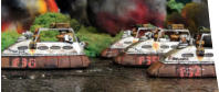 Combat Cars skim over a swamp amidst burning villages