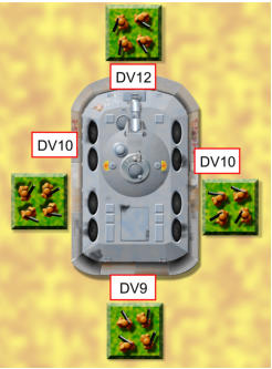 Four TUs of infantry surround a Blower tank - note the differing Defensive values