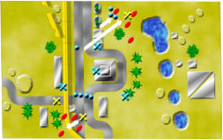 Mid game - Slammers are red, yellow crosses are truck bombs, Solace forces are blue
