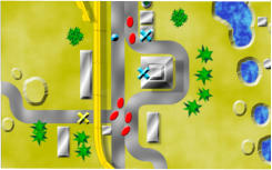 Final disposition with the combat cars in red and remaining calliiopes as blue crosses - game over