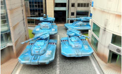 Two Wraiths and two Ghost tanks in the tight confines of city streets