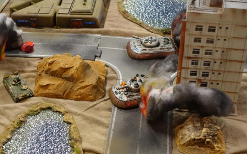 Slammers blower command tank - having already lost its tribarrel - erupts in flames